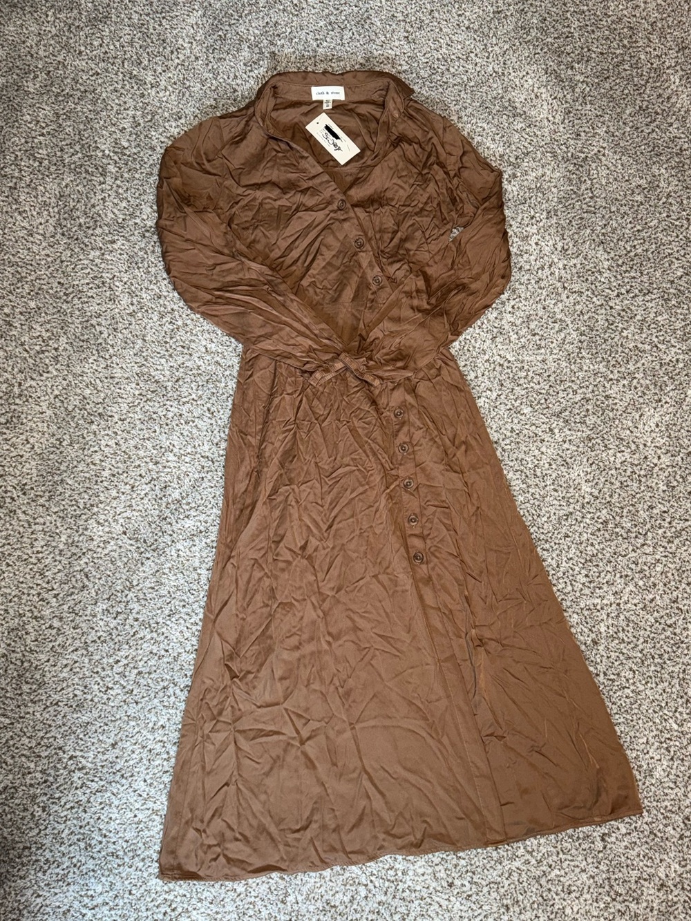 Brand New with Tags, Cloth and Stone Brown Button-Front Long Sleeve MIDI Dress